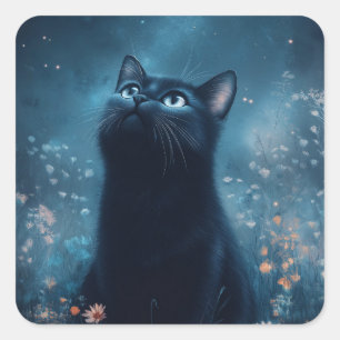 Schwarze Katze unter mondbeschienenen Wildblumen Quadratischer Aufkleber