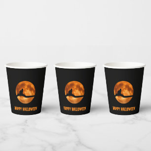 Schwarze Katze unter Orange Moon Pappbecher