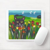 Schwarze Katze unter Tulpen Mousepad (Mit Mouse)