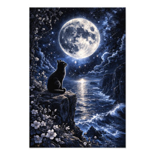 Schwarze Katze unter Vollmond Ozean Nacht Fantasy  Fotodruck