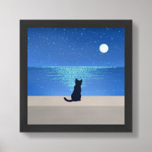 Schwarze Katze unter Vollmond Sternennacht
