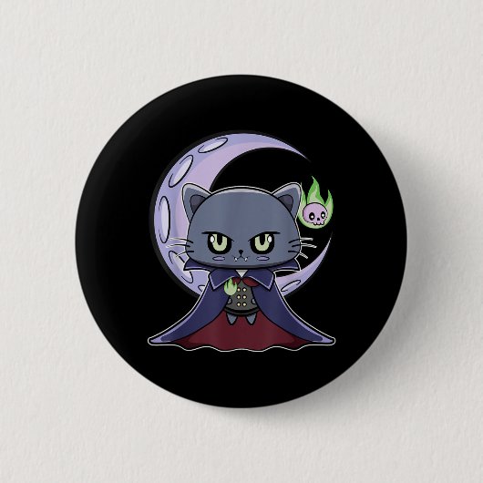 Schwarze Katze Vampir Dracula und magisches Feuer Button (Vorderseite)