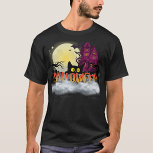 Schwarze Katze & Verfluchtes Haus – Halloween-Nach T-Shirt