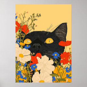 Schwarze Katze versteckt sich zwischen Blumen Poster