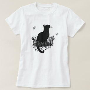 Schwarze Katze Vintage-Blume Floral Dunkler Schmet T-Shirt