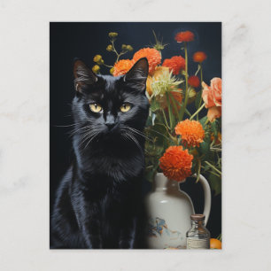 Schwarze Katze Vintage Blume Stillleben Malerei Postkarte