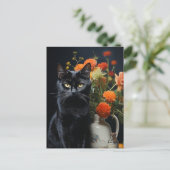 Schwarze Katze Vintage Blume Stillleben Malerei Postkarte (Stehend Vorderseite)