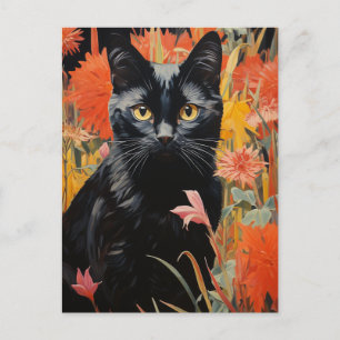 Schwarze Katze Vintage-Blumenmalerei Postkarte
