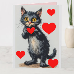 Schwarze Katze Vintage Valentinstag Grußkarte Karte