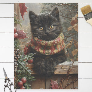 Schwarze Katze Vintage Weihnachts-Decoupage Seidenpapier