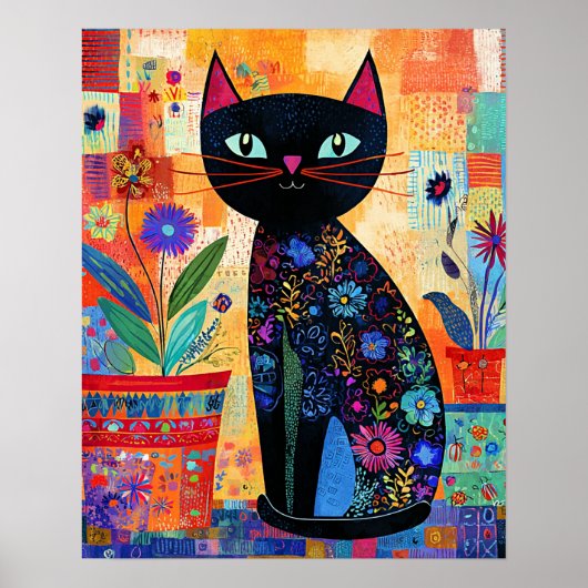 Schwarze Katze, Volkskunst Poster (Vorne)