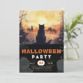 Schwarze Katze Vollmond Autumn Schwarzes Halloween Einladung (Stehend Vorderseite)