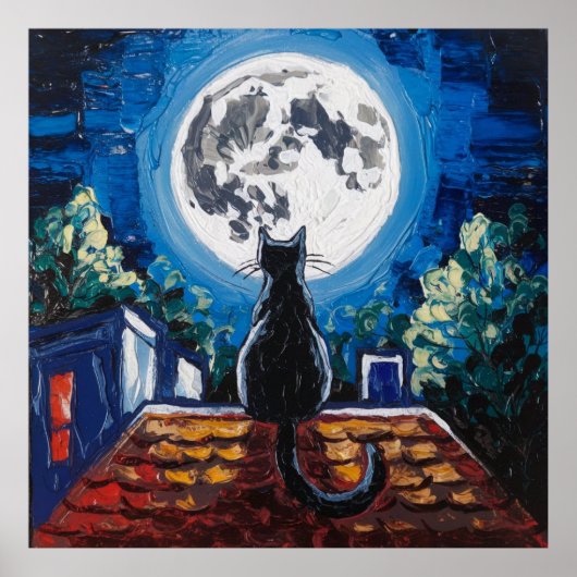 Schwarze Katze Vollmond Dachterrasse Poster (Vorne)