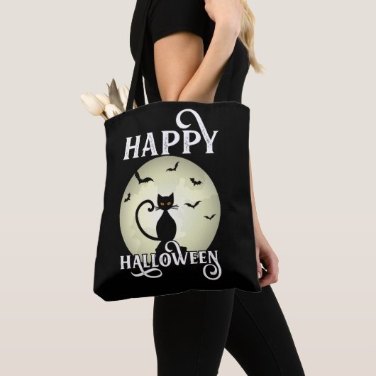 Schwarze Katze Vollmond Fledermäuse Happy Hallowee Tasche (Von Nahem)