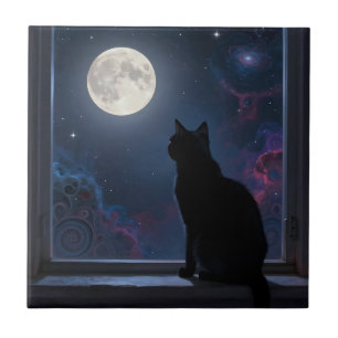 Schwarze Katze Vollmond-Galaxie-Fensterszene Fliese