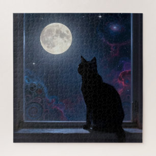 Schwarze Katze Vollmond-Galaxie-Fensterszene Puzzle
