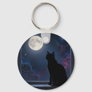 Schwarze Katze Vollmond-Galaxie-Fensterszene Schlüsselanhänger