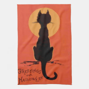 Schwarze Katze Vollmond Gelb Orange Küchentuch