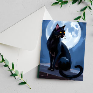 Schwarze Katze   Vollmond Haustier Malerei Karte
