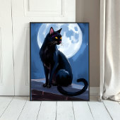 Schwarze Katze | Vollmond-Haustier-Wasserfarbenmal Poster