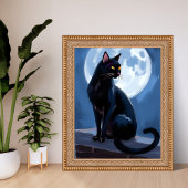 Schwarze Katze | Vollmond-Haustier-Wasserfarbenmal Poster