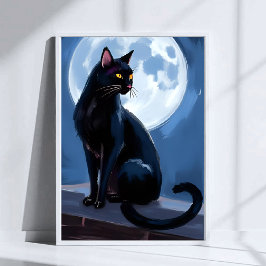 Schwarze Katze | Vollmond-Haustier-Wasserfarbenmal Poster