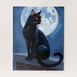 Schwarze Katze Vollmond-Haustiermalerei Puzzle