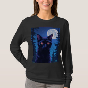 Schwarze Katze Vollmond Herbst Langarmshirt T-Shirt