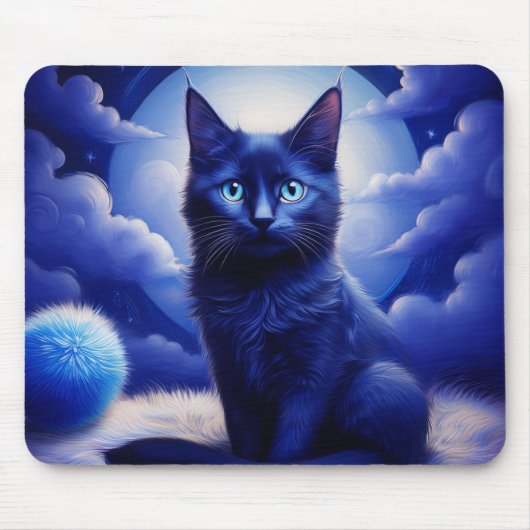 Schwarze Katze vor dem Hintergrund eines blauen Mo Mousepad (Vorne)