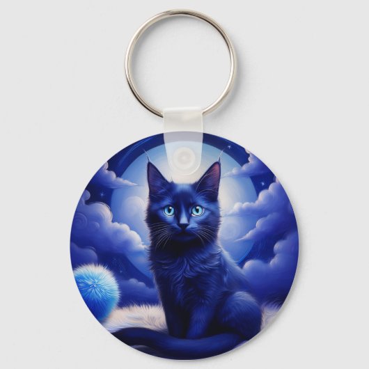 Schwarze Katze vor dem Hintergrund eines blauen Mo Schlüsselanhänger (Vorderseite)