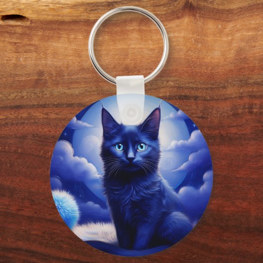 Schwarze Katze vor dem Hintergrund eines blauen Mo Schlüsselanhänger (Rückseite)