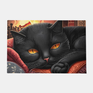Schwarze Katze vor einem Kamin Fußmatte