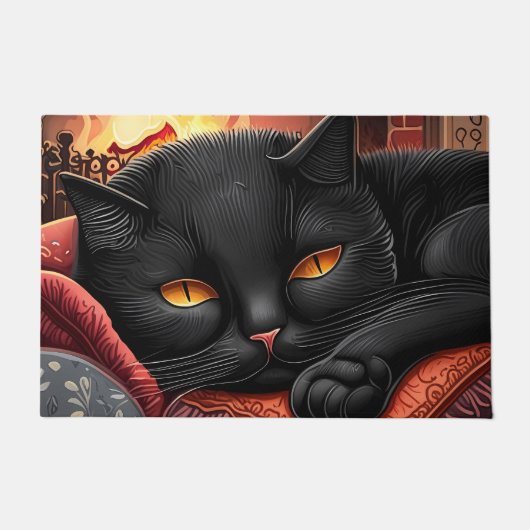 Schwarze Katze vor einem Kamin Fußmatte (Vorderseite)