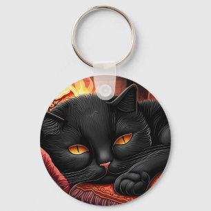 Schwarze Katze vor einem Kamin Schlüsselanhänger
