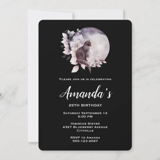 Schwarze Katze vor einem magischen Vollmond Geburt Einladung (Vorderseite)