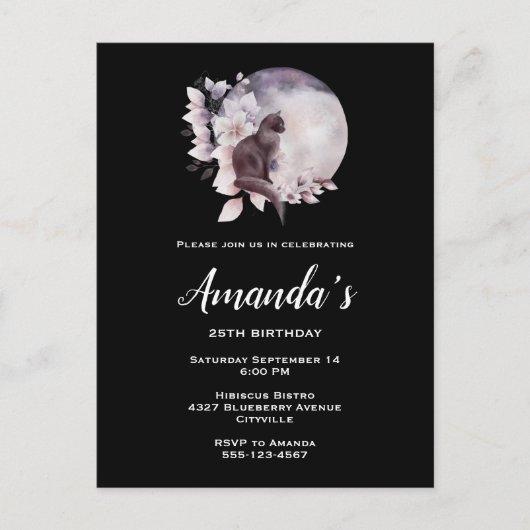 Schwarze Katze vor einem magischen Vollmond Geburt Einladungspostkarte (Vorderseite)