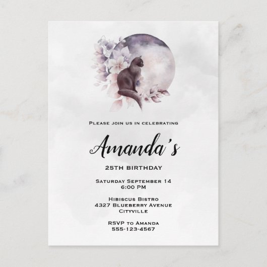 Schwarze Katze vor einem magischen Vollmond Geburt Einladungspostkarte (Vorderseite)