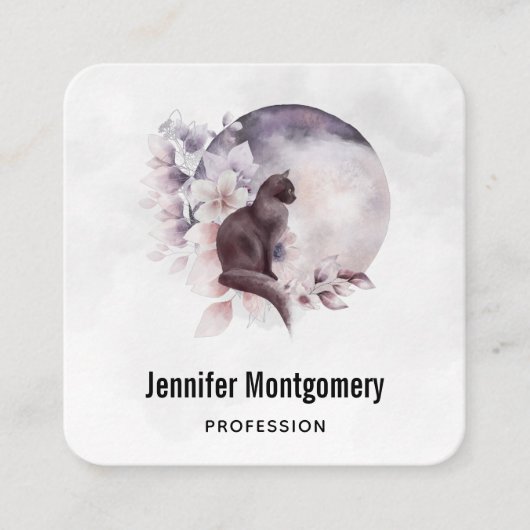 Schwarze Katze vor einem magischen Vollmond Quadratische Visitenkarte (Vorderseite)