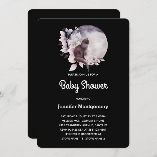 Schwarze Katze vor einer magischen Vollmonddusche Einladung (Vorne/Hinten)