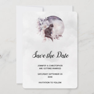 Schwarze Katze vor einer magischen Vollmondhochzei Save The Date