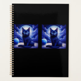 Schwarze Katze vor Mond und weiße Wolken Planer