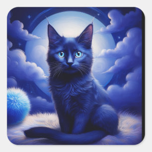 Schwarze Katze vor Mond und weiße Wolken Quadratischer Aufkleber