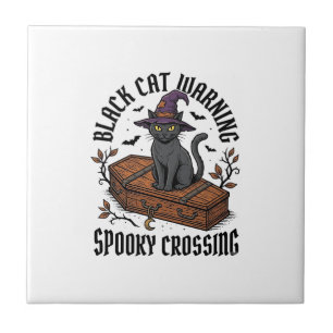 Schwarze Katze Warnung Vintage Halloween Hexenkatz Fliese