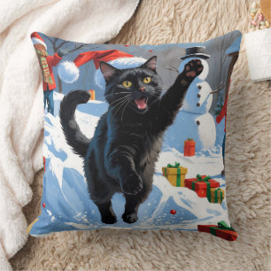 Schwarze Katze Weihnachten Festliche Schneelandsch Kissen
