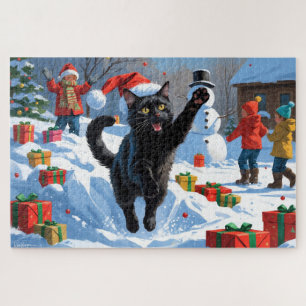 Schwarze Katze Weihnachten Festliche Schneelandsch Puzzle