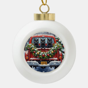 Schwarze Katze Weihnachten Rotes Lastwagen Ferien Keramik Kugel-Ornament