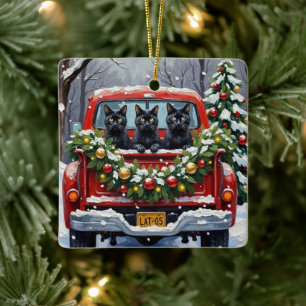 Schwarze Katze Weihnachten Rotes Lastwagen Ferien Keramikornament