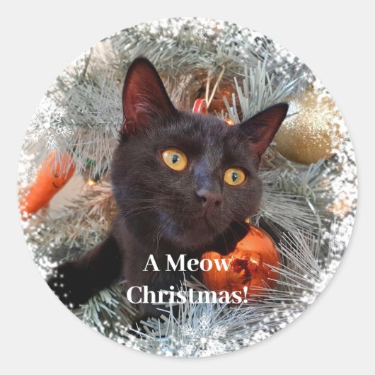 Schwarze Katze, Weihnachten Runder Aufkleber (Vorderseite)