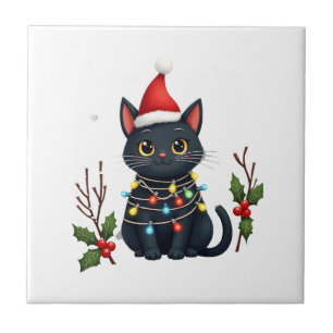Schwarze Katze Weihnachten Santa Hut Lustig Meowy Fliese