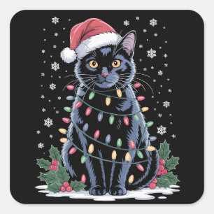 Schwarze Katze Weihnachten Santa Hut Lustige Meowy Quadratischer Aufkleber